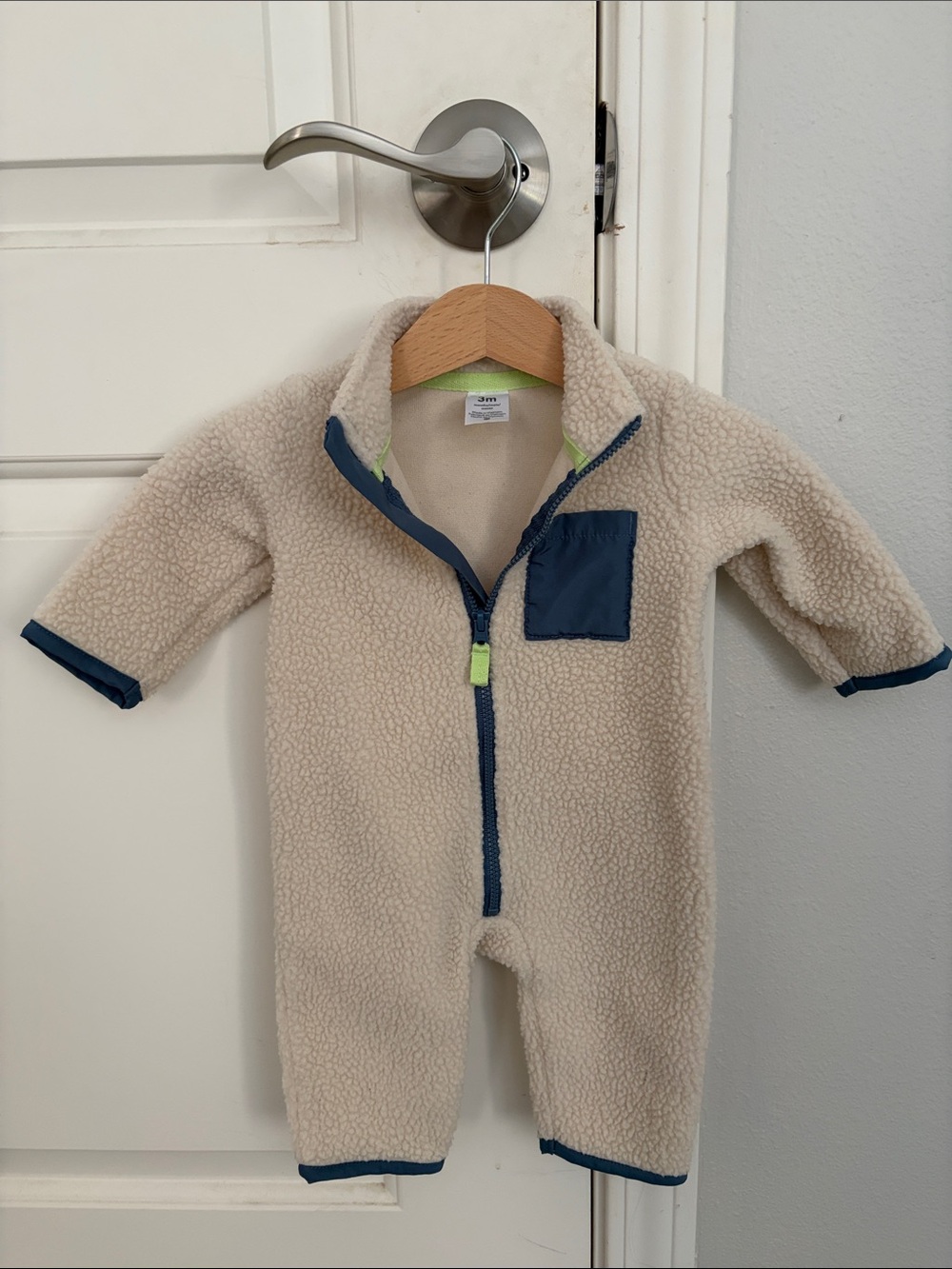 Carter's Cream Sherpa One-Piece with Navy Trim and Lime Accents